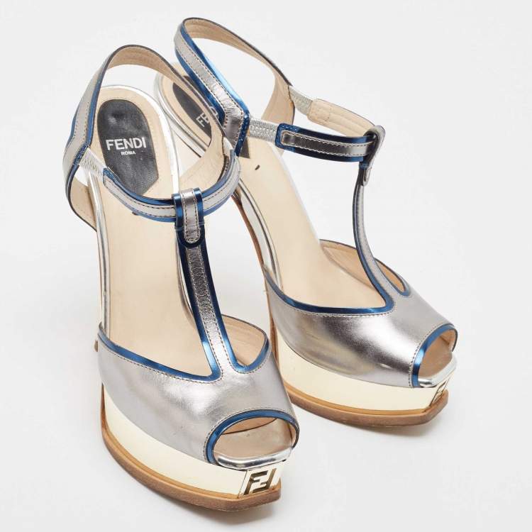 Pre Owned Fendi Tricolor Patent Leather T Strap Peep Toe Platform Sandals Size 38.5