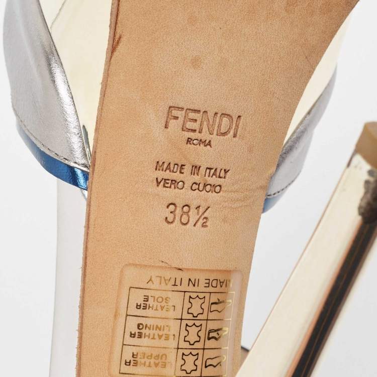 Pre Owned Fendi Tricolor Patent Leather T Strap Peep Toe Platform Sandals Size 38.5