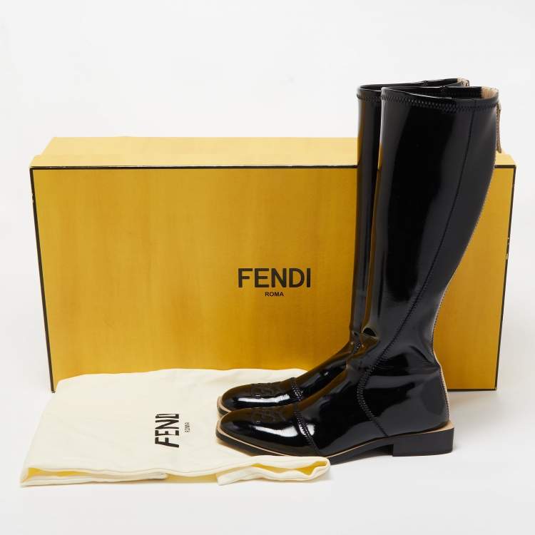 Pre Owned Fendi Black Patent Leather Knee Length Boots Size 39.5