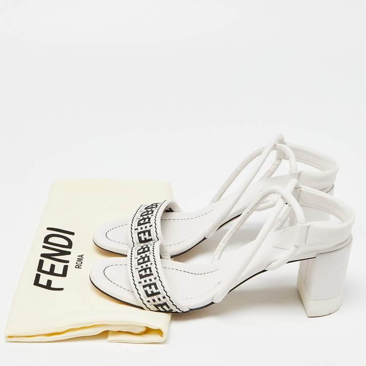 مملوكة مسبقًا Fendi White/Black Leather Block Heel Ankle Strap Sandals Size 38