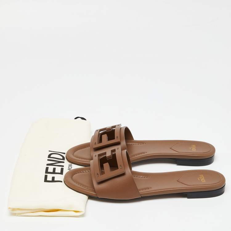 Pre Owned Fendi Brown Leather Flat Slide Size 38
