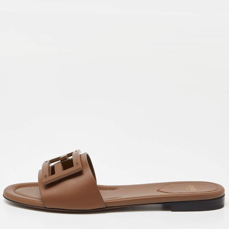 Pre Owned Fendi Brown Leather Flat Slide Size 38