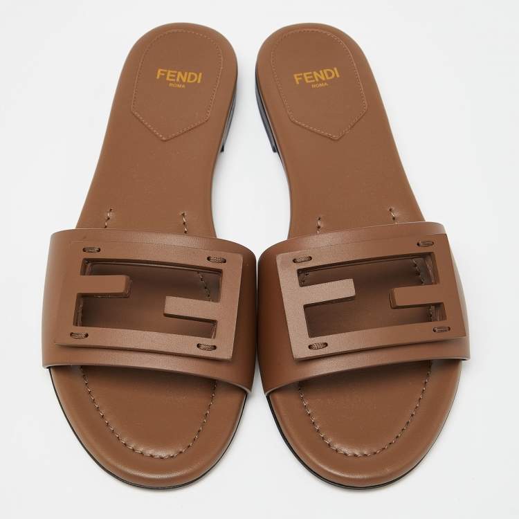 Pre Owned Fendi Brown Leather Flat Slide Size 38