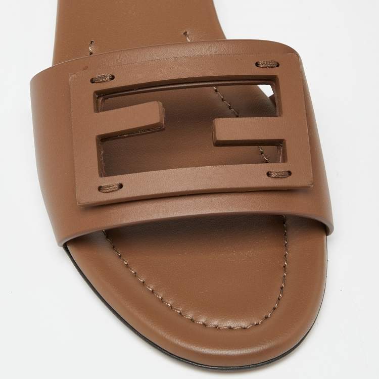 Pre Owned Fendi Brown Leather Flat Slide Size 38