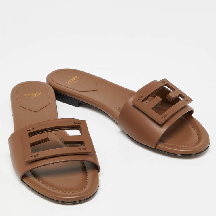 Pre Owned Fendi Brown Leather Flat Slide Size 38