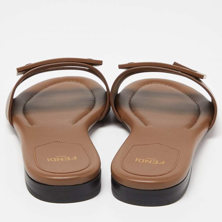 Pre Owned Fendi Brown Leather Flat Slide Size 38