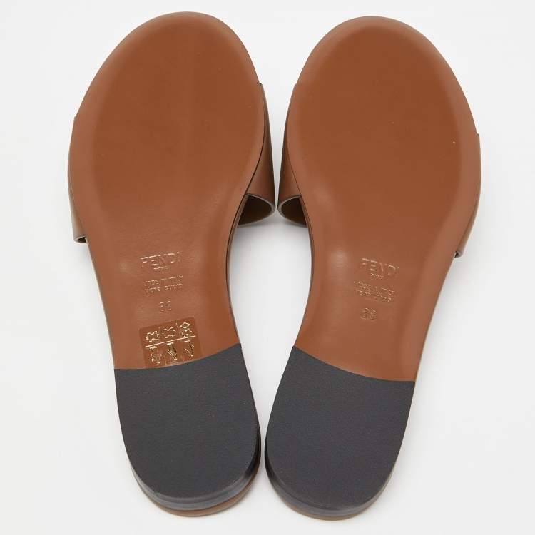 Pre Owned Fendi Brown Leather Flat Slide Size 38