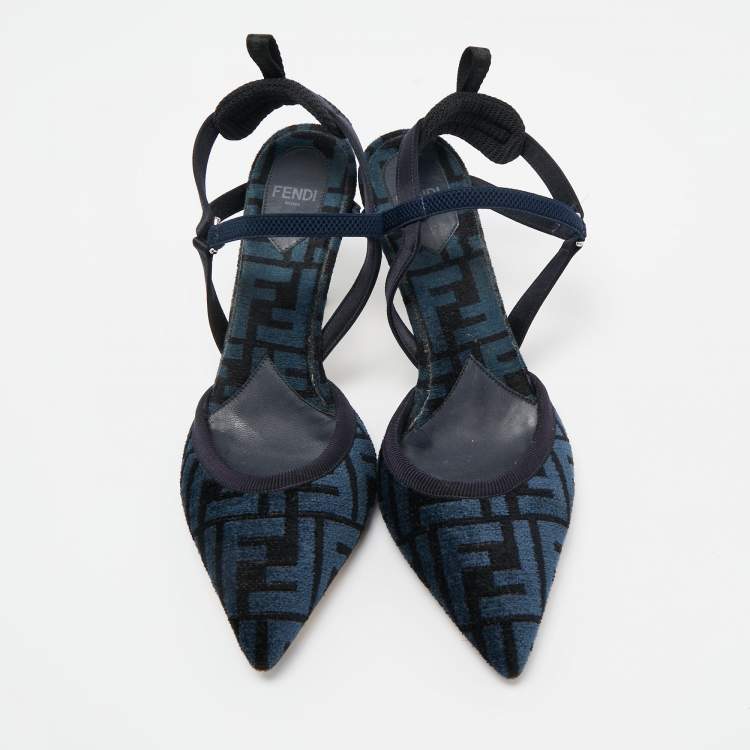 Pre Owned Fendi Navy Blue/Black Zucca Velvet Colibri Pumps Size 37.5