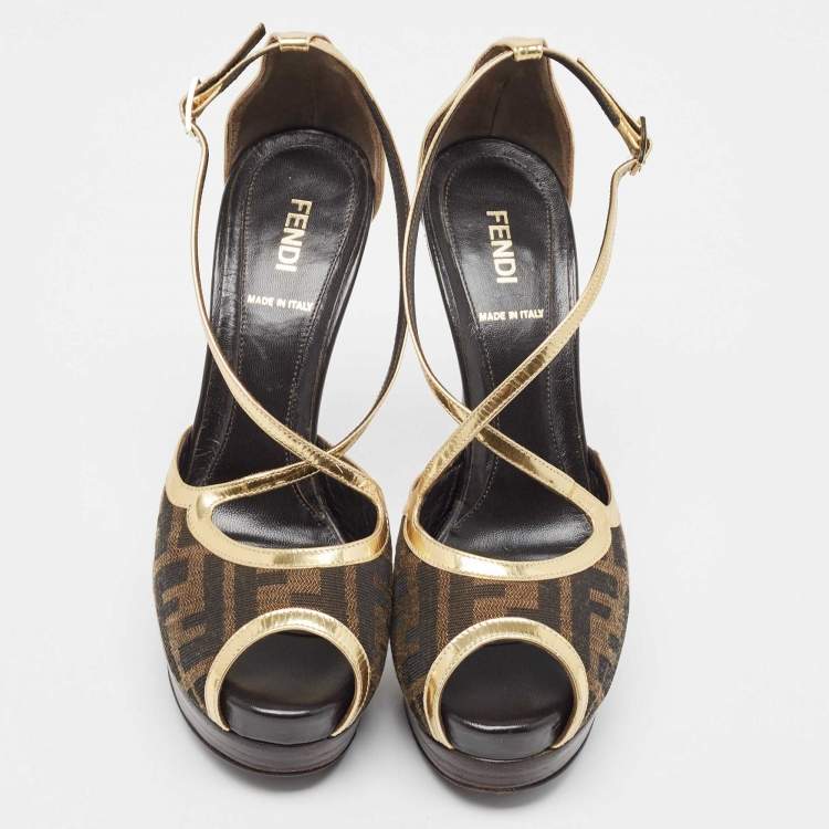 مملوكة مسبقًا Fendi Brown  Zucca Canvas And Gold Leather Trim Cross Strap Platform Sandals  Size 37