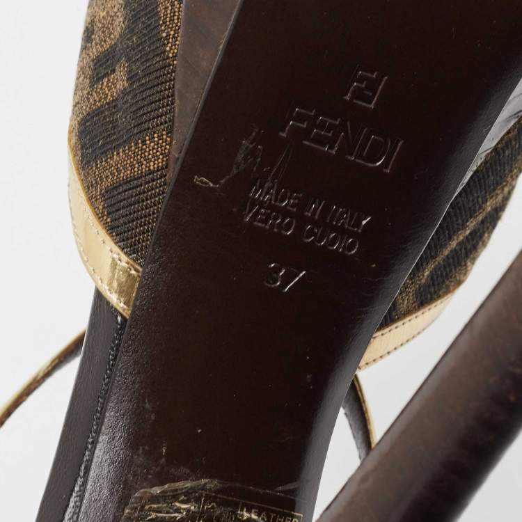 مملوكة مسبقًا Fendi Brown  Zucca Canvas And Gold Leather Trim Cross Strap Platform Sandals  Size 37