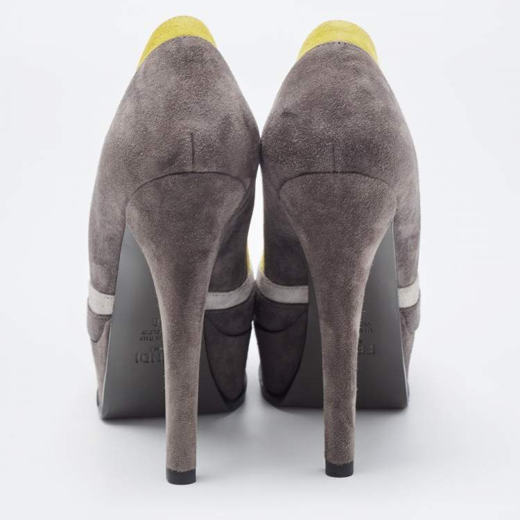 Pre Owned Fendi Grey/Yellow Suede Fendista Peep Toe Platform Pumps Size 36