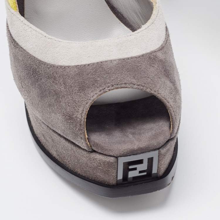 Pre Owned Fendi Grey/Yellow Suede Fendista Peep Toe Platform Pumps Size 36