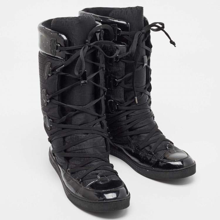 Pre Owned Fendi Black Nylon And Patent Midcalf Boots Size 38.5