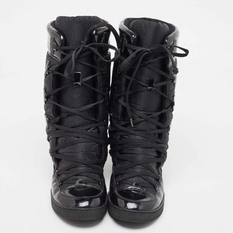 Pre Owned Fendi Black Nylon And Patent Midcalf Boots Size 38.5