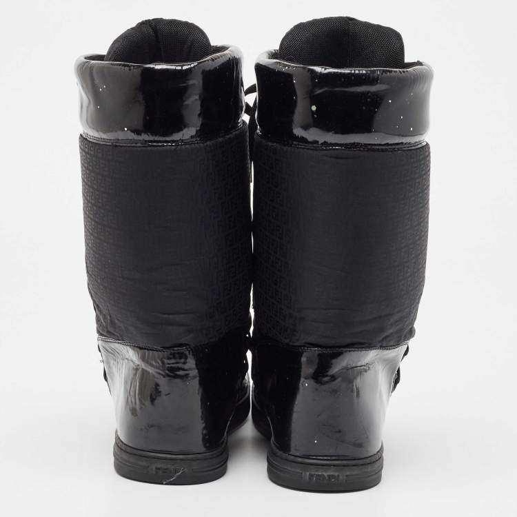 Pre Owned Fendi Black Nylon And Patent Midcalf Boots Size 38.5