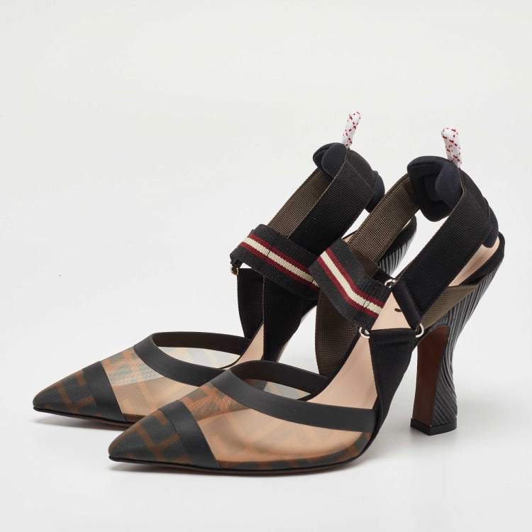 Pre Owned Fendi Brown Zucca Mesh and Canvas Colibri Slingback Pumps Size 39