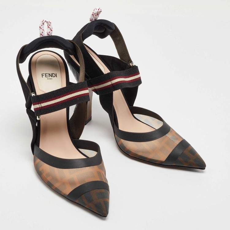 Pre Owned Fendi Brown Zucca Mesh and Canvas Colibri Slingback Pumps Size 39