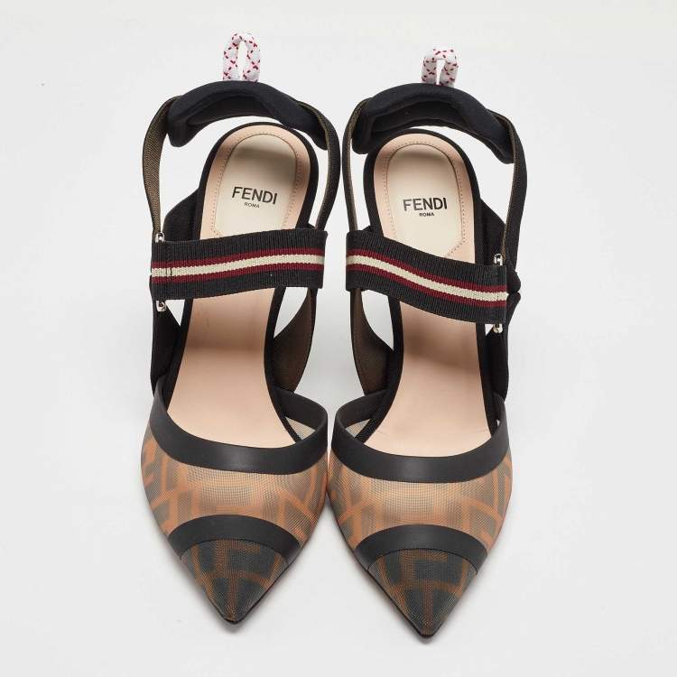 Pre Owned Fendi Brown Zucca Mesh and Canvas Colibri Slingback Pumps Size 39