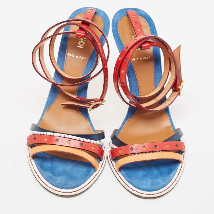 Pre Owned Fendi Multicolor Leather Strappy Ankle Wrap Sandals Size 38.5