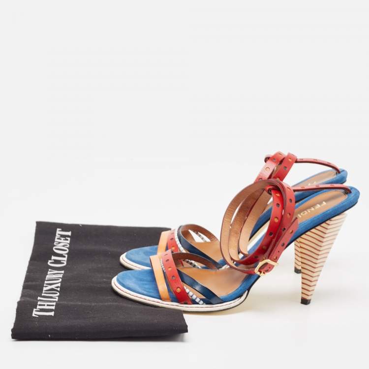 Pre Owned Fendi Multicolor Leather Strappy Ankle Wrap Sandals Size 38.5