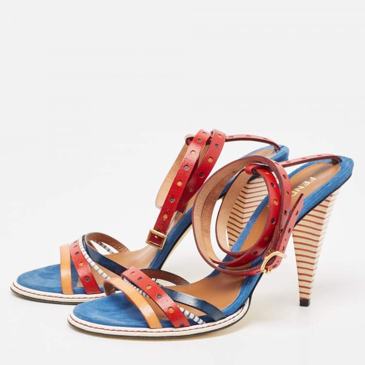 Pre Owned Fendi Multicolor Leather Strappy Ankle Wrap Sandals Size 38.5