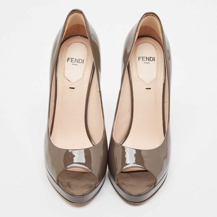 Pre Owned Fendi Brown Patent Leather Peep Toe Pumps Size 37