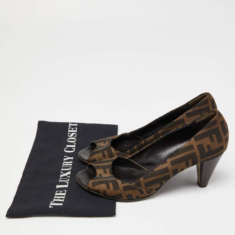Pre Owned Fendi Brown Zucca Canvas Peep Toe Pumps Size 37