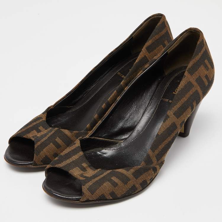 Pre Owned Fendi Brown Zucca Canvas Peep Toe Pumps Size 37