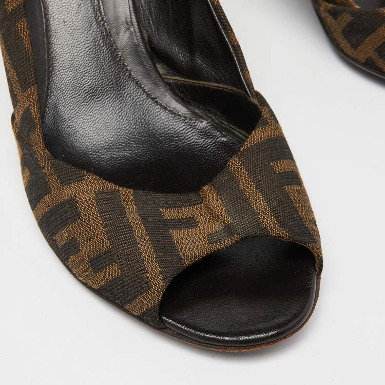 Pre Owned Fendi Brown Zucca Canvas Peep Toe Pumps Size 37