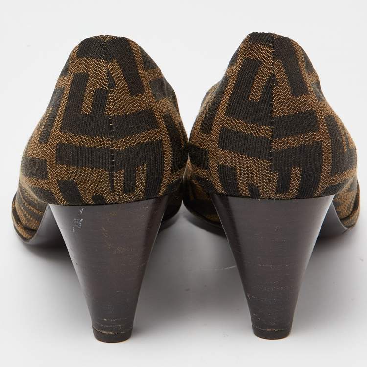 Pre Owned Fendi Brown Zucca Canvas Peep Toe Pumps Size 37