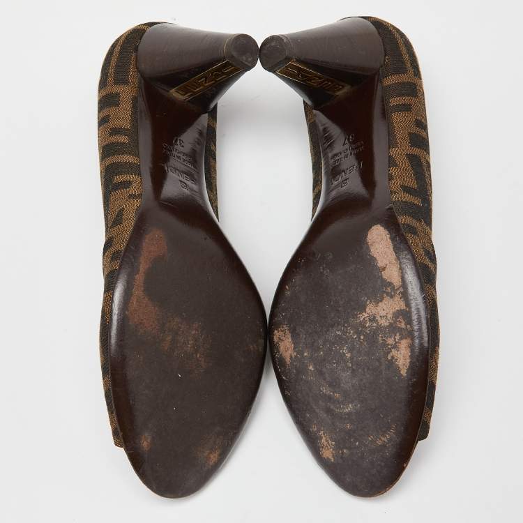 Pre Owned Fendi Brown Zucca Canvas Peep Toe Pumps Size 37