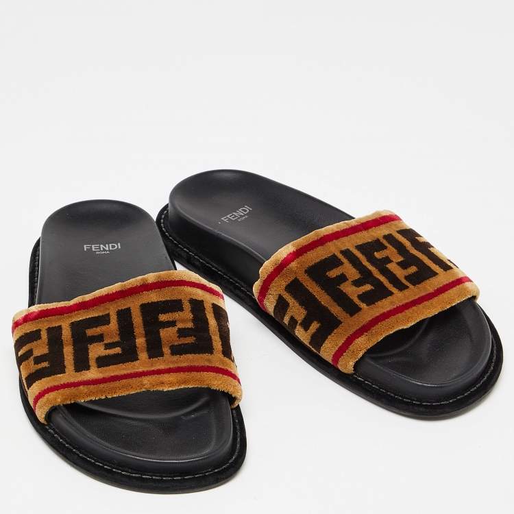 Pre Owned Fendi Brown Velvet Forever Fendi Slide Flats Size 37