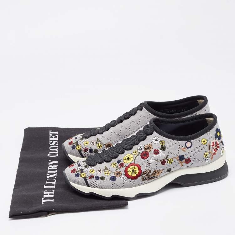 Pre Owned Fendi Grey Floral Embroidered Knit Fabric Slip On Sneakers Size 38