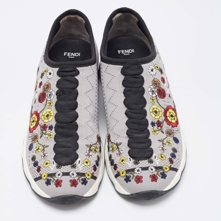 Pre Owned Fendi Grey Floral Embroidered Knit Fabric Slip On Sneakers Size 38