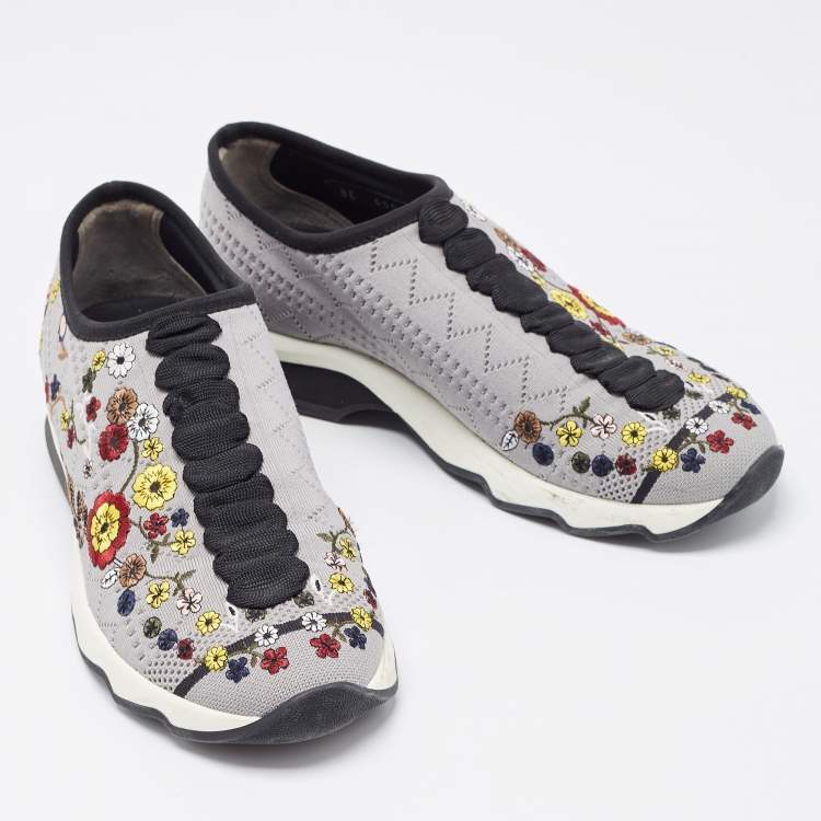Pre Owned Fendi Grey Floral Embroidered Knit Fabric Slip On Sneakers Size 38
