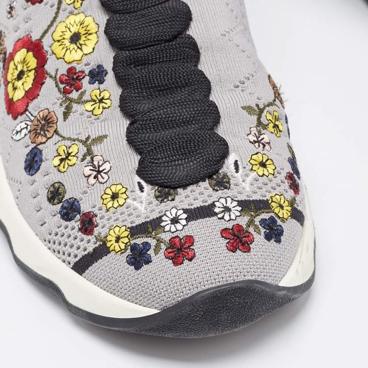 Pre Owned Fendi Grey Floral Embroidered Knit Fabric Slip On Sneakers Size 38