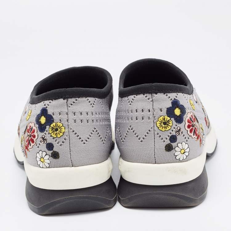 Pre Owned Fendi Grey Floral Embroidered Knit Fabric Slip On Sneakers Size 38