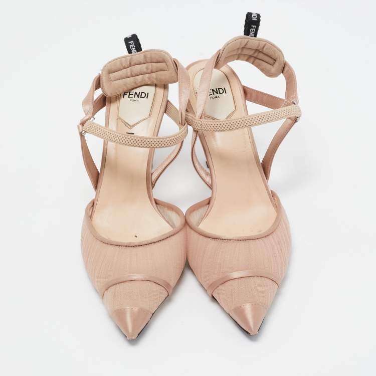 Pre Owned Fendi Beige Satin and Lace Colibri Slingback Pumps Size 37