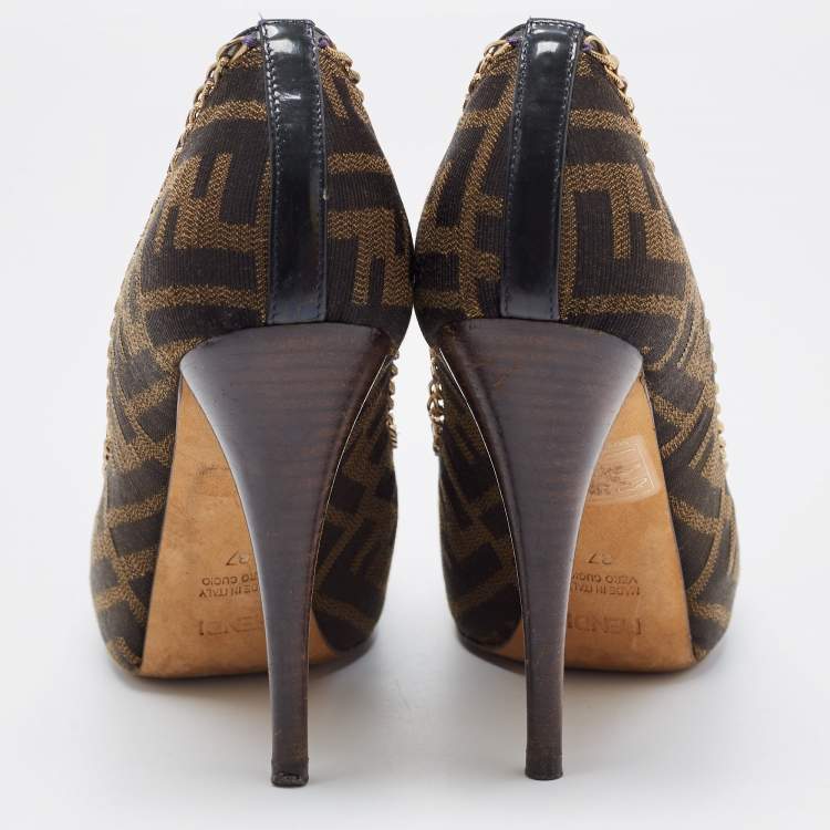 Pre Owned Fendi Brown Zucca Canvas Chain Embellished Peep Toe Pumps Size 37