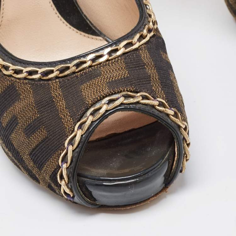 Pre Owned Fendi Brown Zucca Canvas Chain Embellished Peep Toe Pumps Size 37