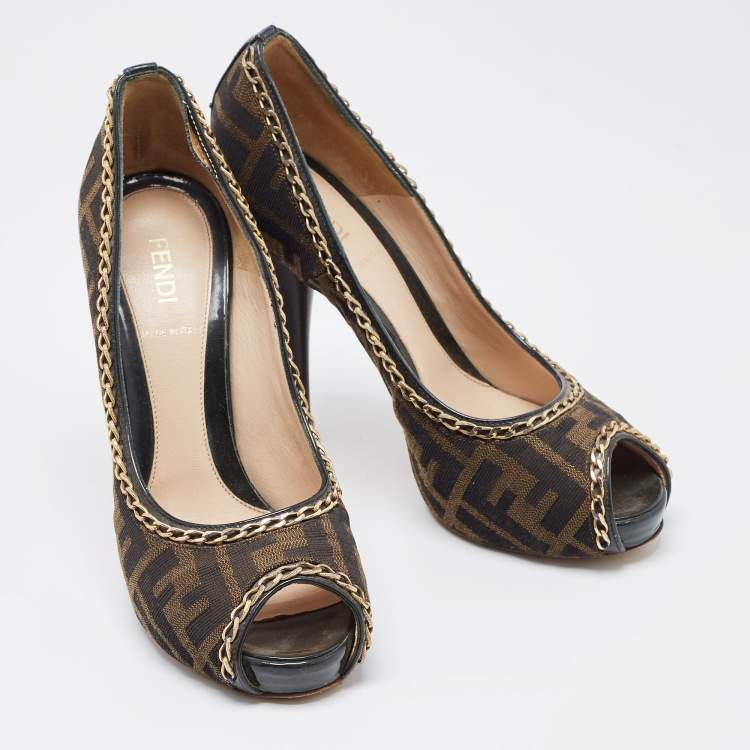 Pre Owned Fendi Brown Zucca Canvas Chain Embellished Peep Toe Pumps Size 37