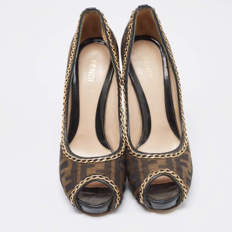 Pre Owned Fendi Brown Zucca Canvas Chain Embellished Peep Toe Pumps Size 37