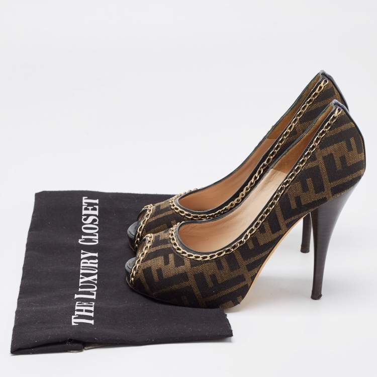 Pre Owned Fendi Brown Zucca Canvas Chain Embellished Peep Toe Pumps Size 37