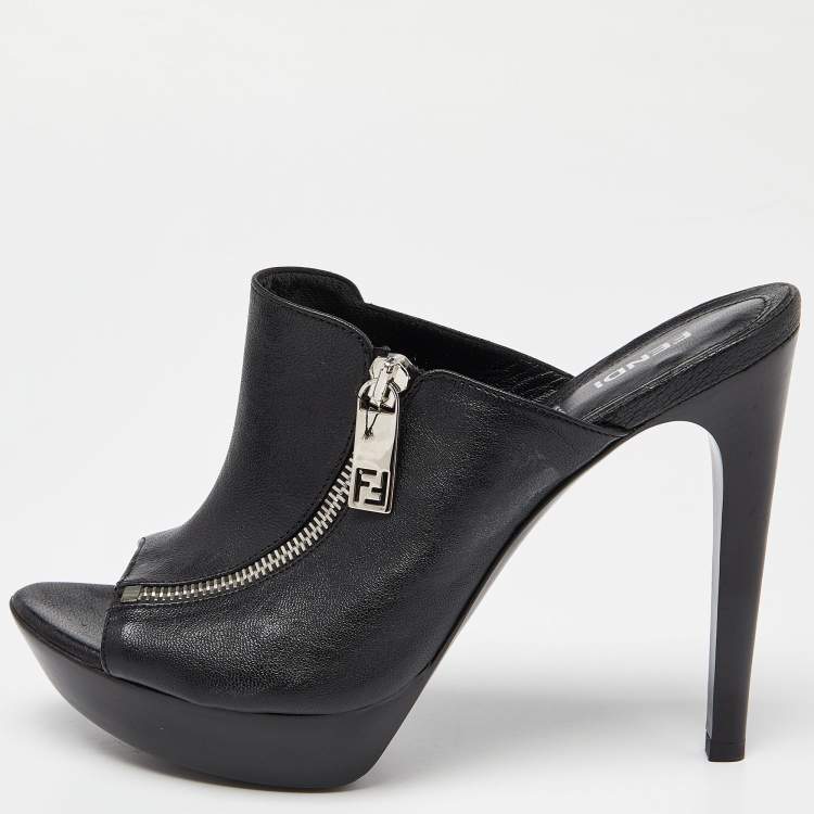 Pre Owned Fendi Black Leather Zipped Heel Mule Size 39.5 