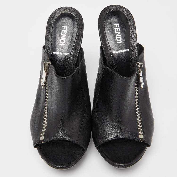 Pre Owned Fendi Black Leather Zipped Heel Mule Size 39.5 