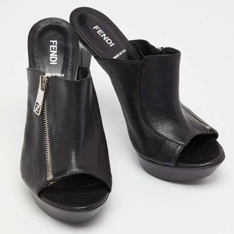 Pre Owned Fendi Black Leather Zipped Heel Mule Size 39.5 