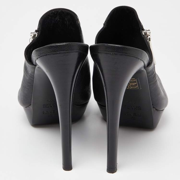 Pre Owned Fendi Black Leather Zipped Heel Mule Size 39.5 