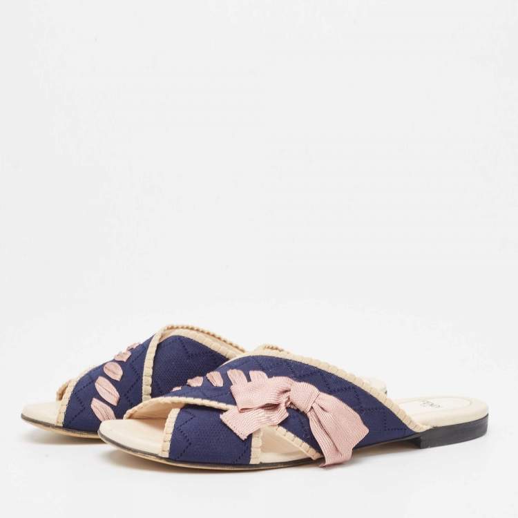 Pre Owned Fendi Navy Blue/ Pink Crisscross Fabric Bow Flat Slides Size 39
