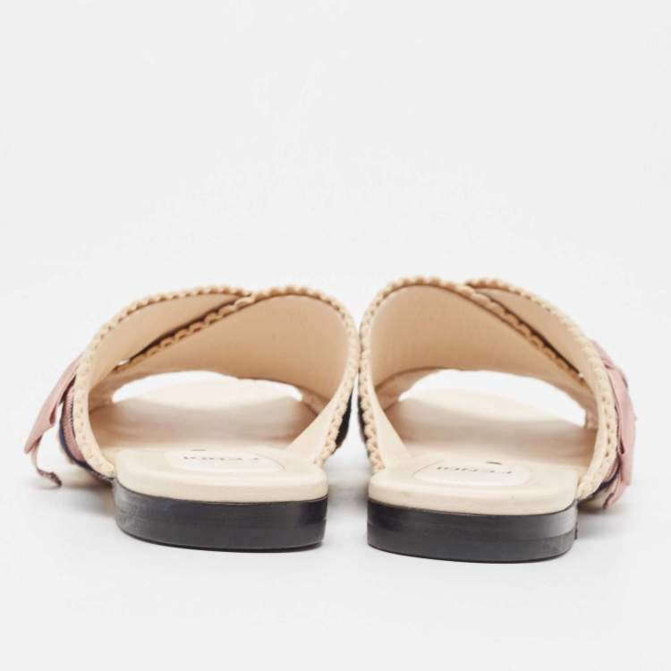 Pre Owned Fendi Navy Blue/ Pink Crisscross Fabric Bow Flat Slides Size 39