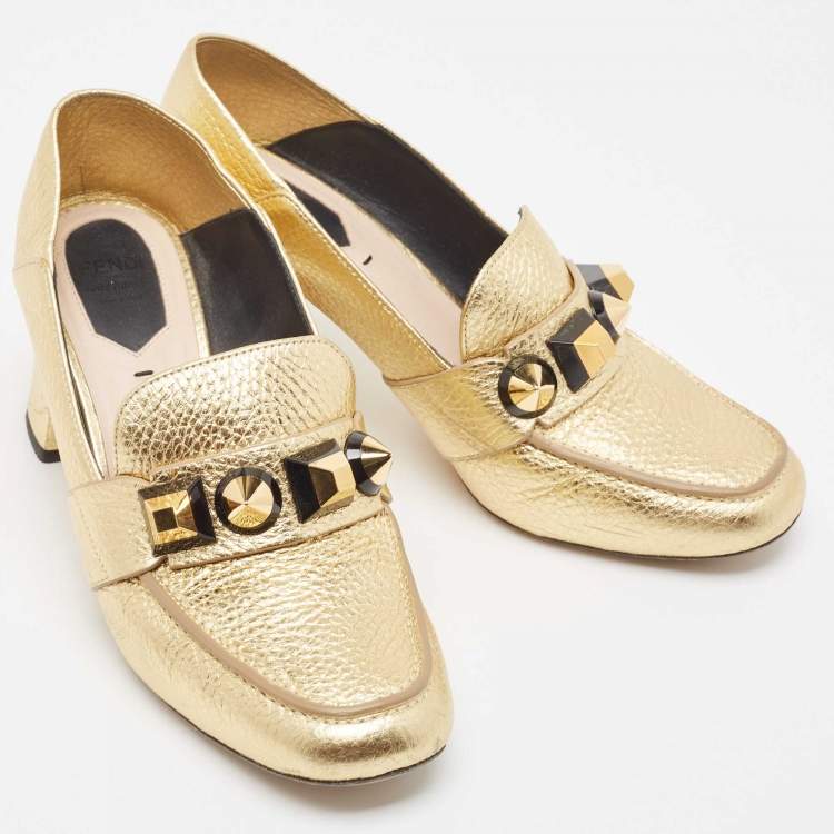 Pre Owned Fendi Gold textured Leather Geometric Stud Loafer Pumps Size 38.5